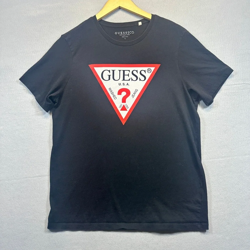 GUESS ECO Mens Black Triangle Logo Organic Cotton T-Shirt Large L - Picture 1 of 6